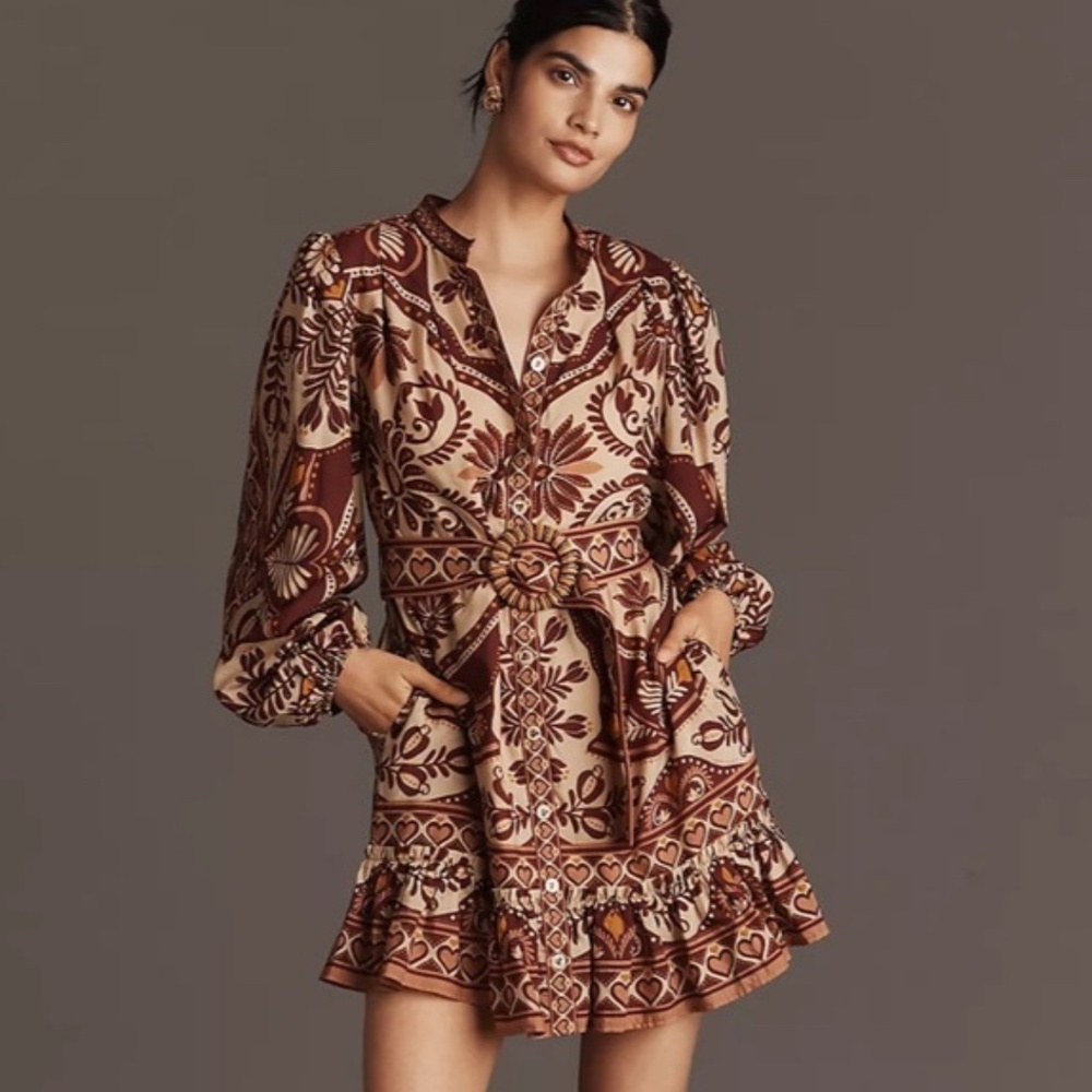 FARM RIO X ANTHROPOLOGIE Long Sleeve Mini Dress size Medium NWT Belted Fall NWT